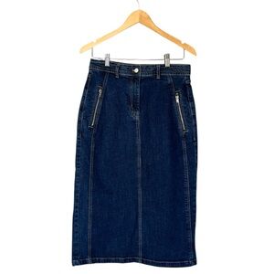 Anthropologie Pilcro Denim Jean Dark Wash Slit Back Stretch Midi Pencil Skirt 10